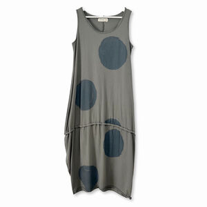 LUUKAA Gray Polka Dot Sleeveless Midi Dress Size 6 Relaxed Fit Lagenlook Artsy